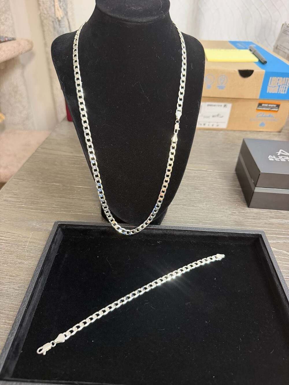 925 Sterling Silver 24” Cuban Curb Chain Necklace and 8” Bracelet Set